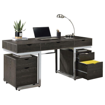 Noorvik - 3 Piece Writing Desk Set - Dark Oak And Chrome