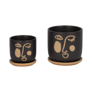 Funky Face Planter With Saucer 5 / 6" (Set of 2) - Black