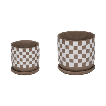 5" / 6" Checkerboard Saucer Planters (Set of 2) - White / Tan