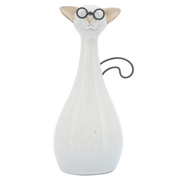 Ceramic Chubby Cat With Glasses 7" - Beige