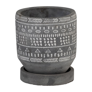 Tribal Pattern Planter With Saucer 5" - Gray