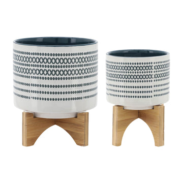 Ceramic Planter On Stand With Dots (Set of 2) 5 / 8"- Blue