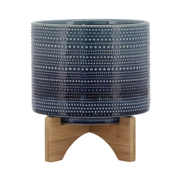 Dotted Planter With Wood Stand 8" - Blue