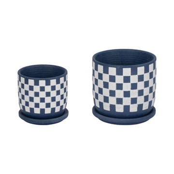 5" / 6" Checkerboard Saucer Planters (Set of 2) - Blue / White