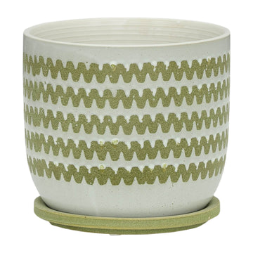 Ceramic Zigzag Planter With Saucer 8" - Olive