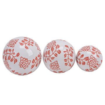 Ceramic Fern Flower Orbs 4/5/6" (Set of 3) - White / Red