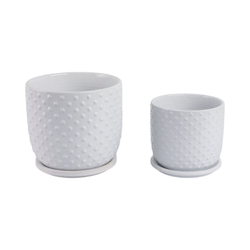 6" / 8" Dotted Planter With Saucer (Set of 2) - White