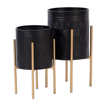 Aztec Planter On Metal Stand (Set of 2) - Black / Gold