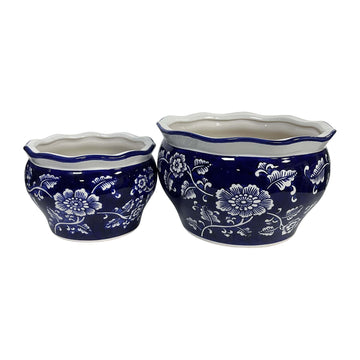 Round Chinoisere Planters (Set of 2) - Blue / White