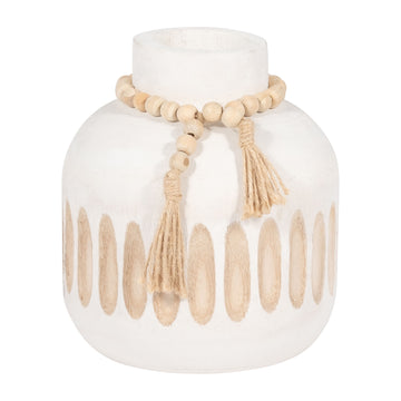 Wood 8" Round Ridged Vase With Tassels - White