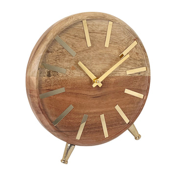 Wood 9'' Gold Table Clock - Brown