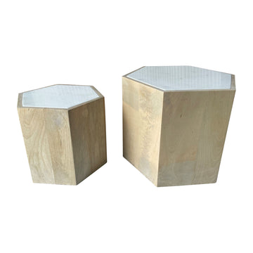 Wood / Marble 14 / 20" Hexagonal Side Tables (Set of 2) - Natural