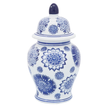 Ceramic Asstd Flowers Temple Jar 10" - Blue