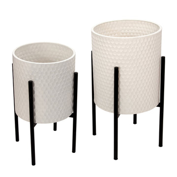 Honeycomb Planter On Metal Stand (Set of 2) - White / Black