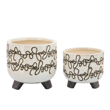 Ceramic Scribble Footed Planter 6 / 8" (Set of 2) - Beige