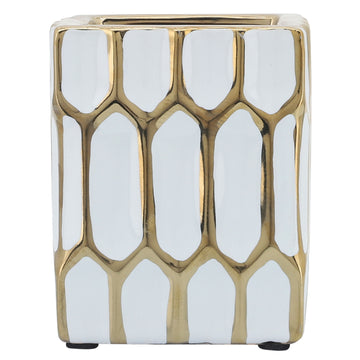 Ceramic Pen Holder 4" - White / Gold