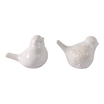 Ceramic Birds With Flower Decals (Set of 2) - Ivory