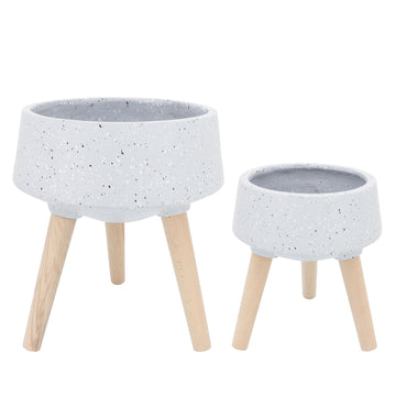 Terrazzo Planter With Wood Legs 11 / 15" (Set of 2) - Gray