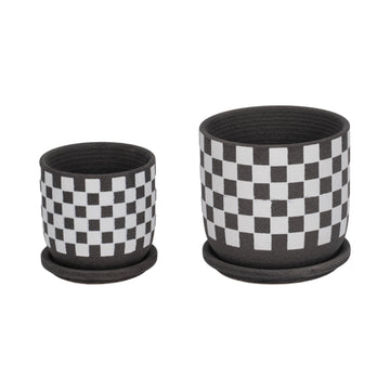 5" / 6" Checkerboard Saucer Planters (Set of 2) - Black / White