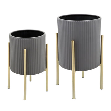 Ridges Planter On Metal Stand (Set of 2) - Gray / Gold