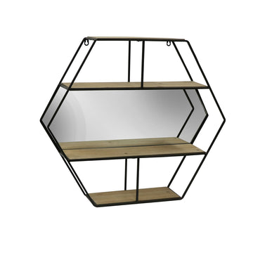 Hexagon Wall Shelf With Mirror - Brown