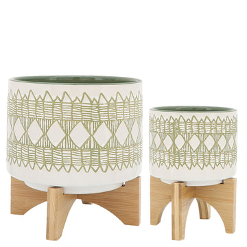 Ceramic Aztec Planter On Wooden Stand 5 / 8" (Set of 2) - Olive