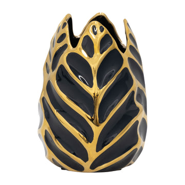 Ceramic 8" Leaf Vase - Dark Navy/Gold