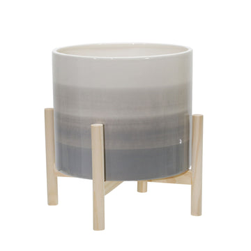 Ceramic Planter With Wood Stand Mix 12" - Beige Mix