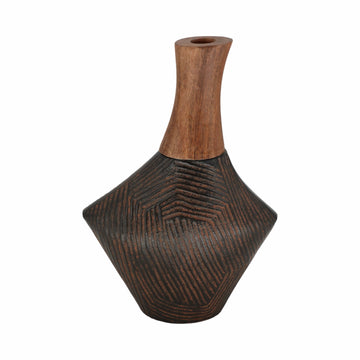 Kenai Large Wood And Metal Vase 12" - Light Brown