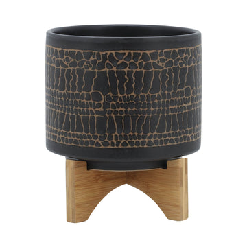 Glazed Planter With Stand 8" - Black