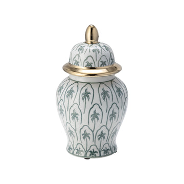 Cer Temple Jar 10" - Green / Gold