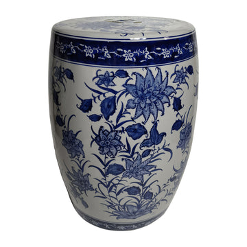 Pinwheel Flower Chinoiserie Ceramic Stool 18" - Blue / White