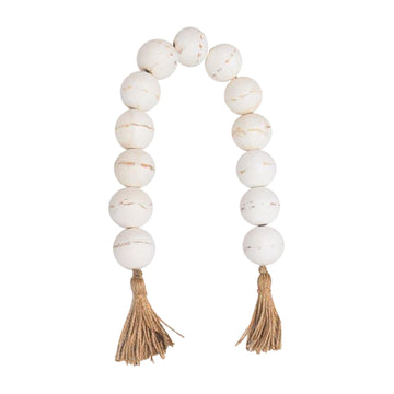 Wood 25" Large Beaded Garland With Tassel - White