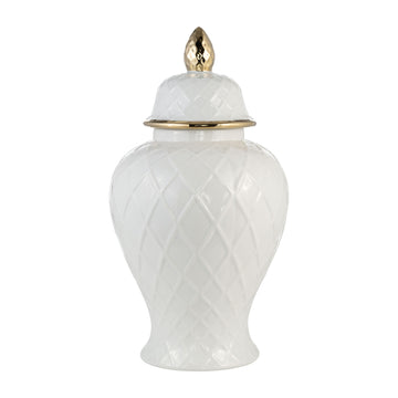 Cer - 20"H Rope Temple Jar - White / Gold