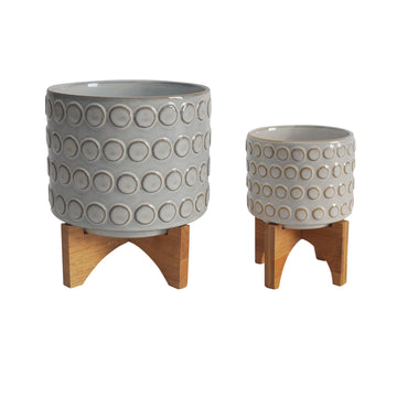 Ceramic Planter On Wooden Stand 5 / 8" (Set of 2) - Ivory