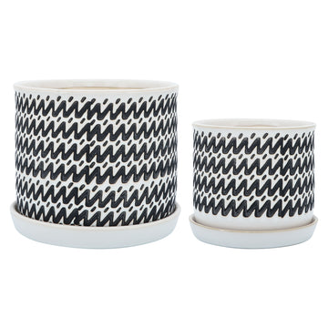 Ceramic Zigzag Planter With Saucer 6 / 8" (Set of 2) - Black