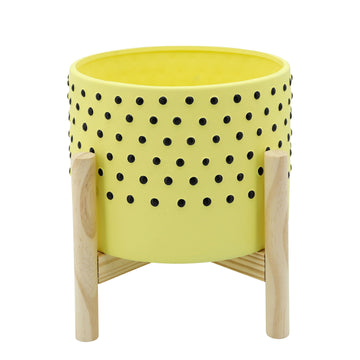 Dotted Planter With Wood Stand 8" - Yellow