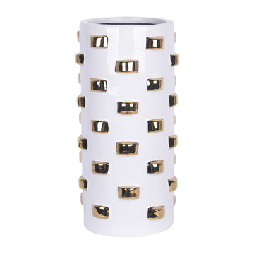 Stoneware 11" Cylinder Vase - White / Gold