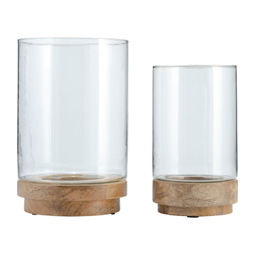 Hurricane Candle Holder On Wood Base 9 / 10" (Set of 2) - Light Brown