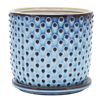 Ceramic Dotted Planter With Saucer 6" - Blue