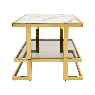 Metal / Marble Glass Side Table - Gold / White