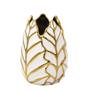 Ceramic 8" Leaf Vase - White / Gold