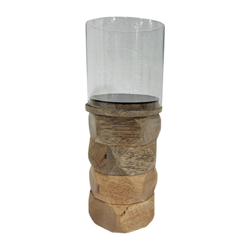 Wood 10" Stacked Hexagon Pillar Hurricane - Natural