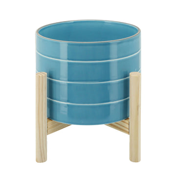 Striped Planter With Wood Stand 8" - Skyblue