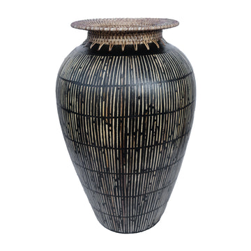 Terracotta 19" Lines Vase With Woven Top - Multi