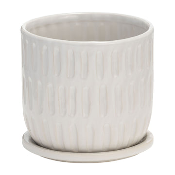 Ceramic Textured Planter With Saucer 6" - Beige