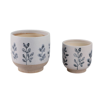6" / 8" Hand Painted Leaves Planters (Set of 2) - White