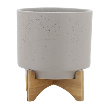 Planter With Wood Stand 10" - Matte Beige