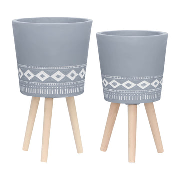 Diamond Planter With Wood Legs 10 / 12" (Set of 2) - Gray / White