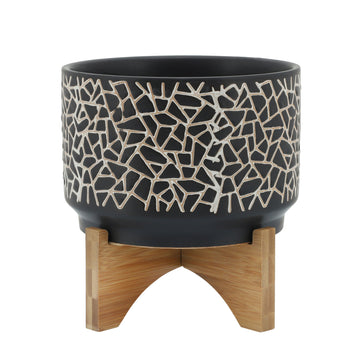 Crackled Planter With Wood Stand 7" - Black